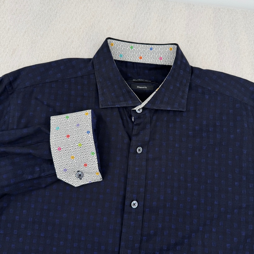 Bugatchi Shaped Fit Mens L Long Sleeve Button Down Navy Blue Checker Flip Cuff